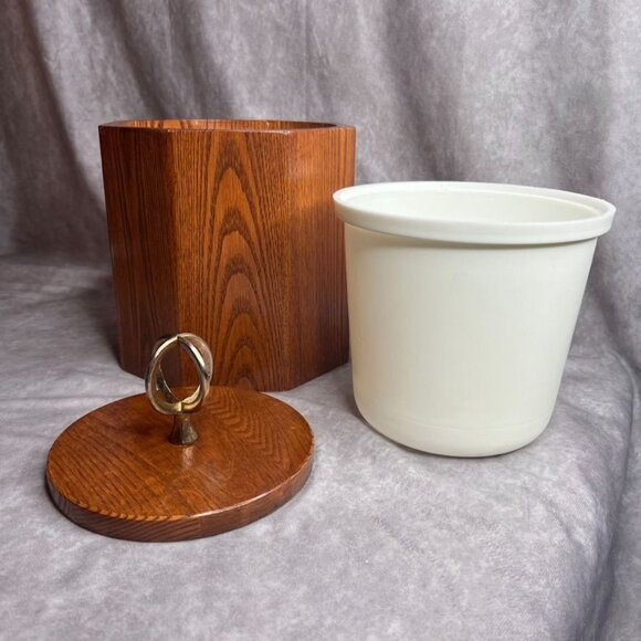 Vintage Morgan Designs Bucket Brigade Oak Ice Bucket With Lid MCM Wood USA *READ - Picture 2 of 16
